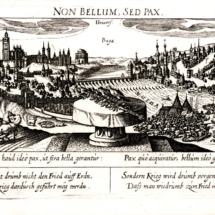 Eberhard Kieser (?) - Pohled na Prahu s alegoriemi války a míru (soukromá sbírka) - rok 1638, mědiryt.